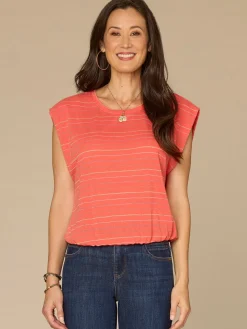 Origami Cap Sleeve Scoop Neck Cased Hem Metallic Stripe Knit Top