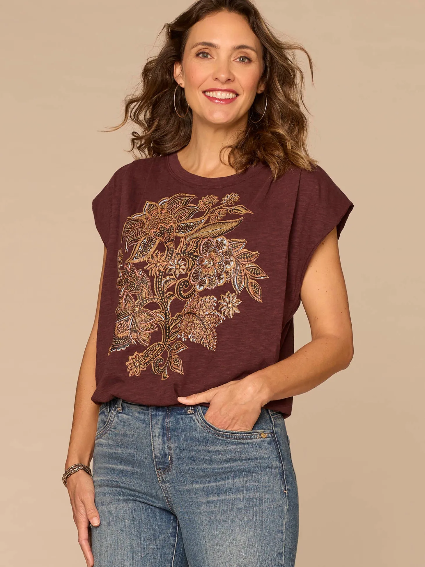 Origami Cap Sleeve Scoop Neck Cased Hem Printed Petite Knit Top