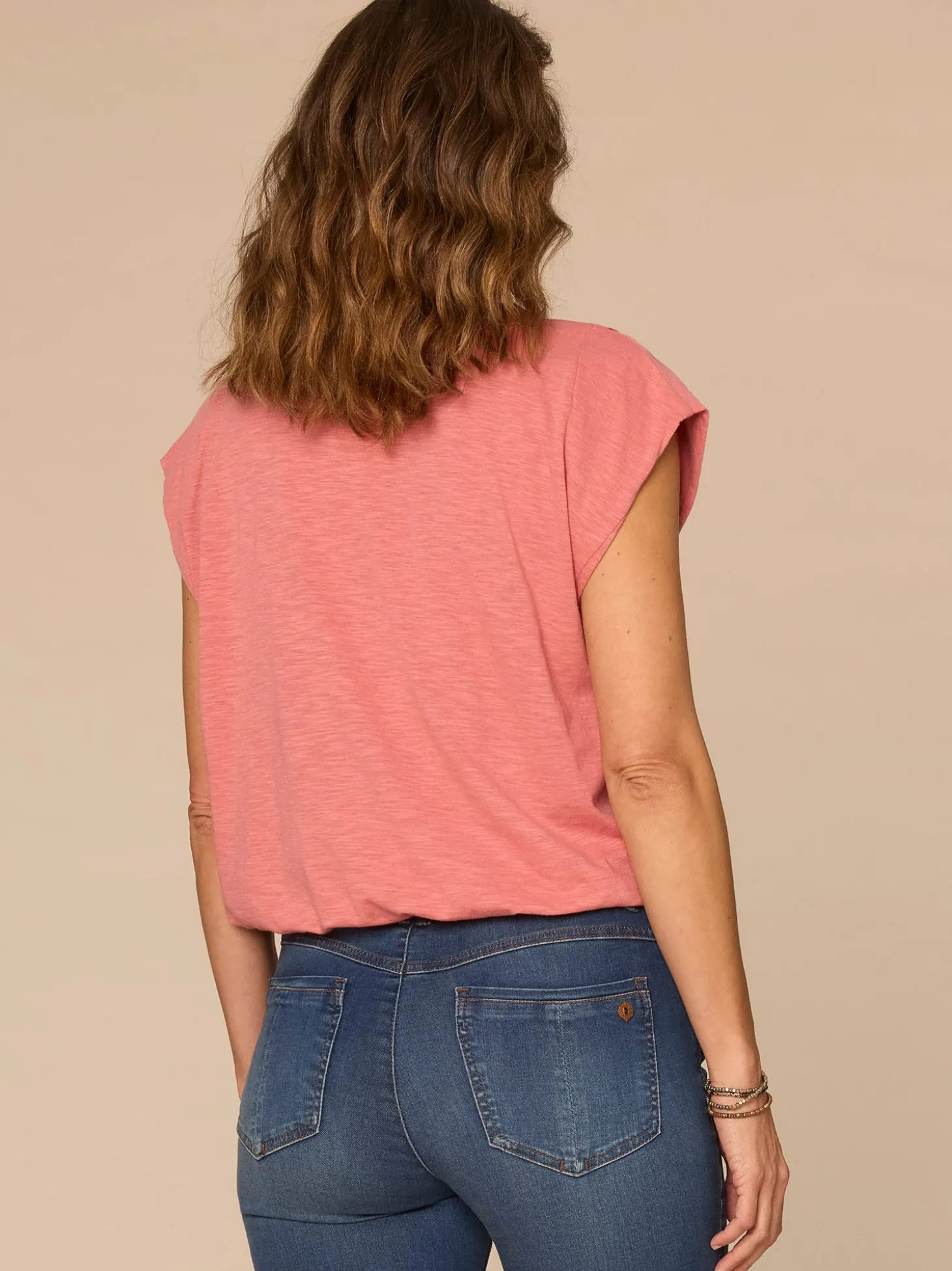 Origami Cap Sleeve Scoop Neck Cased Hem Screen Printed Knit Top