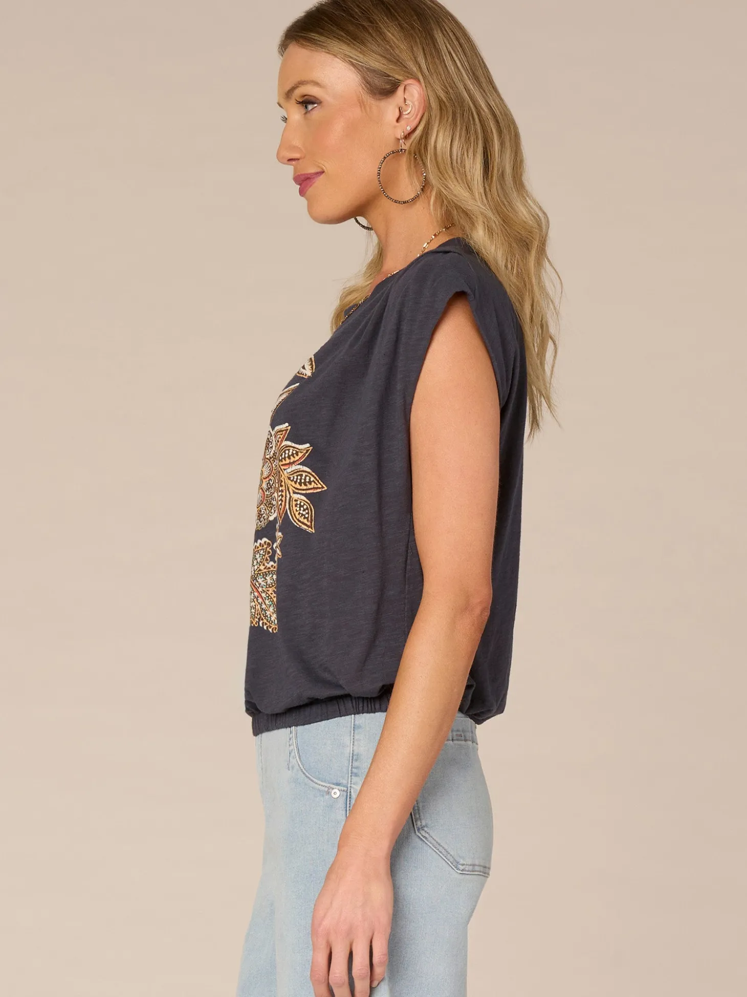 Origami Cap Sleeve Scoop Neck Cased Hem Screen Printed Knit Top