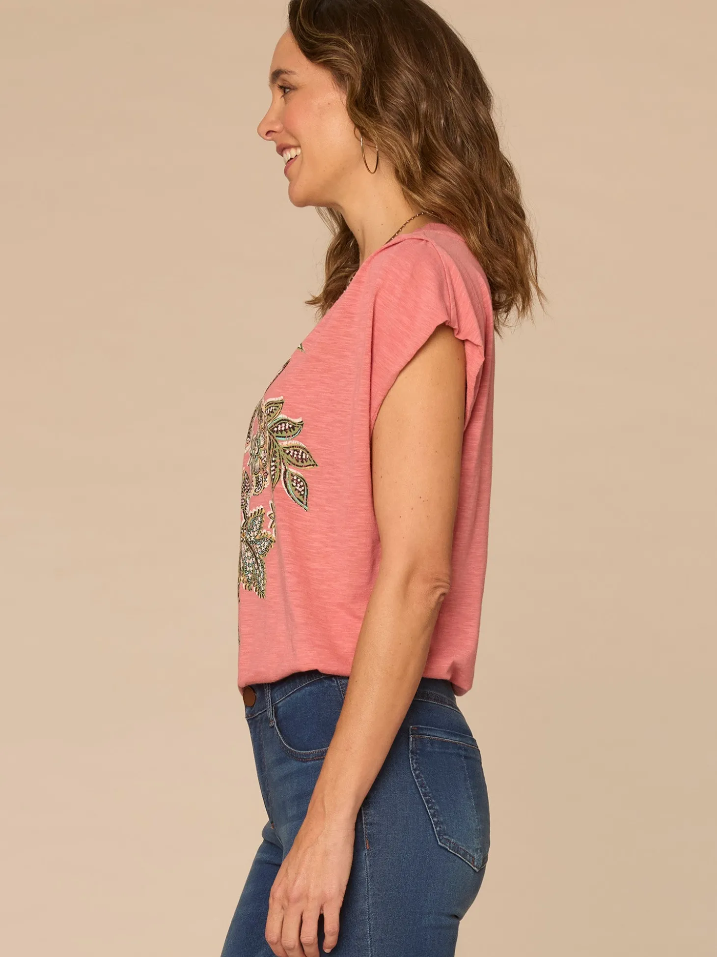 Origami Cap Sleeve Scoop Neck Cased Hem Screen Printed Knit Top