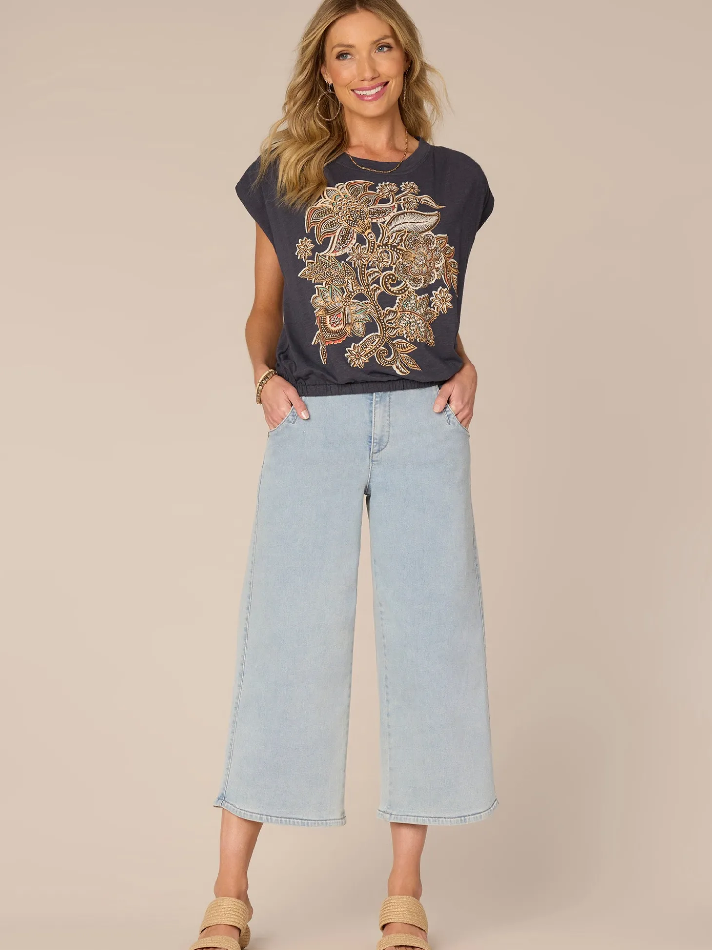 Origami Cap Sleeve Scoop Neck Cased Hem Screen Printed Knit Top