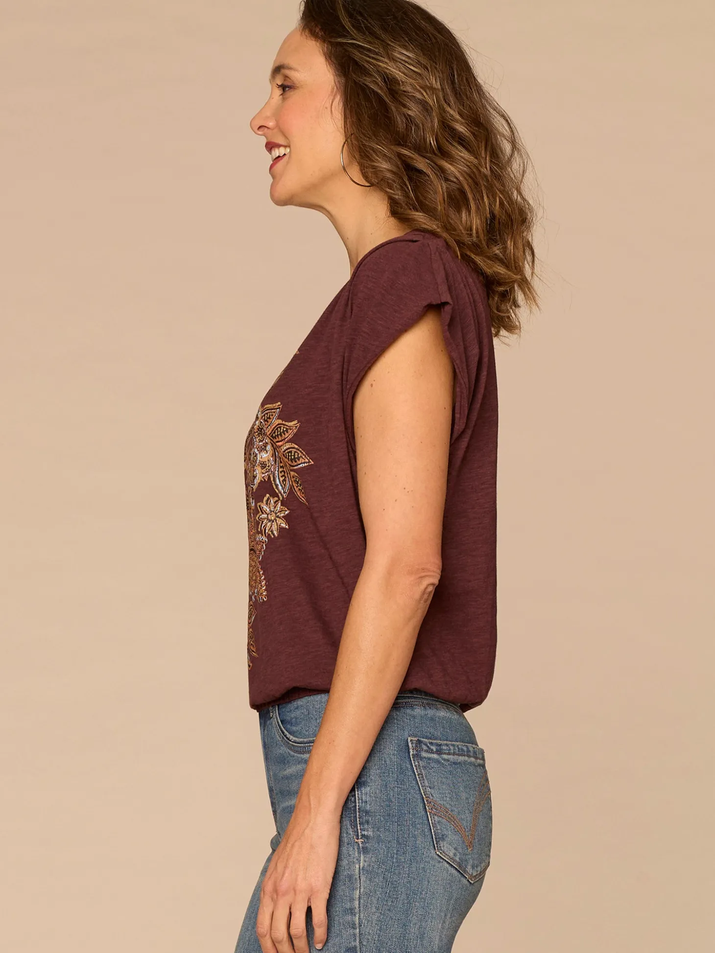 Origami Cap Sleeve Scoop Neck Cased Hem Screen Printed Knit Top