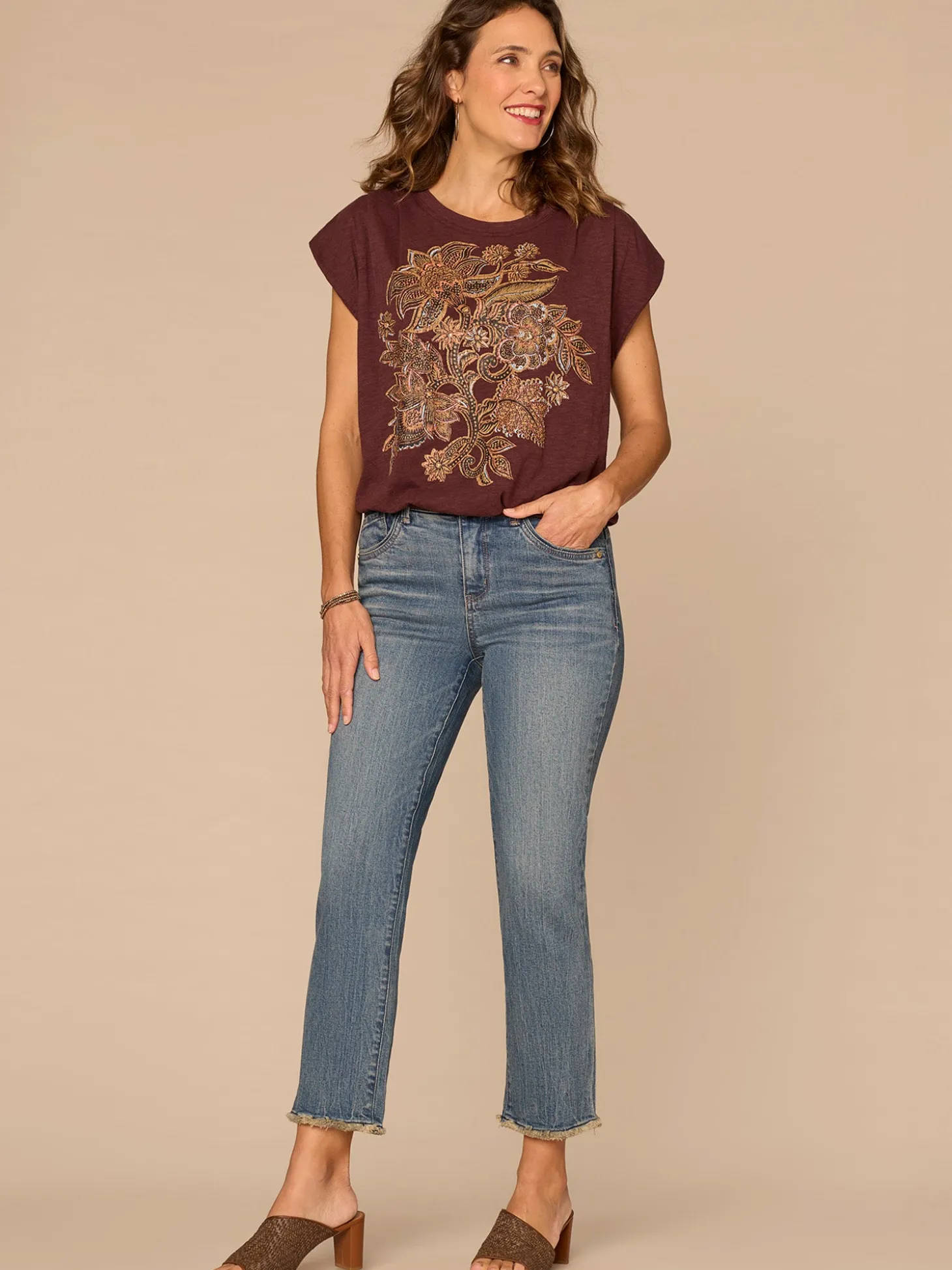 Origami Cap Sleeve Scoop Neck Cased Hem Screen Printed Knit Top