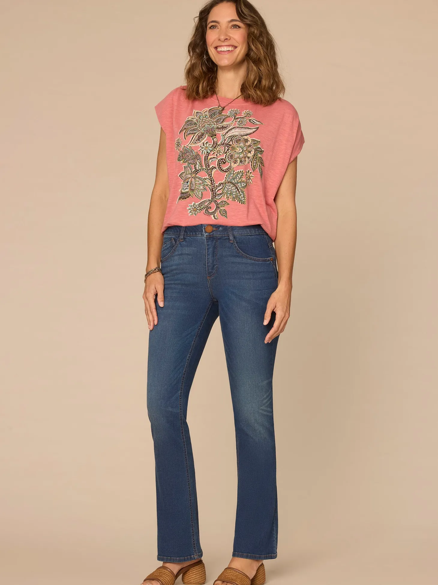 Origami Cap Sleeve Scoop Neck Cased Hem Screen Printed Knit Top