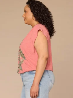 Origami Cap Sleeve Scoop Neck Cased Hem Printed Plus Size Knit Top