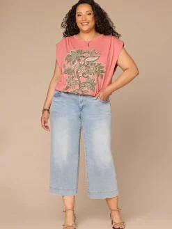 Origami Cap Sleeve Scoop Neck Cased Hem Printed Plus Size Knit Top