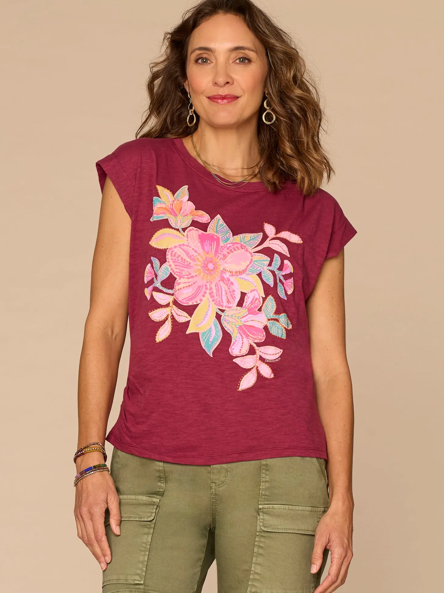 Origami Sleeve Scoop Neck Floral Screen Print Knit Top with Ruching