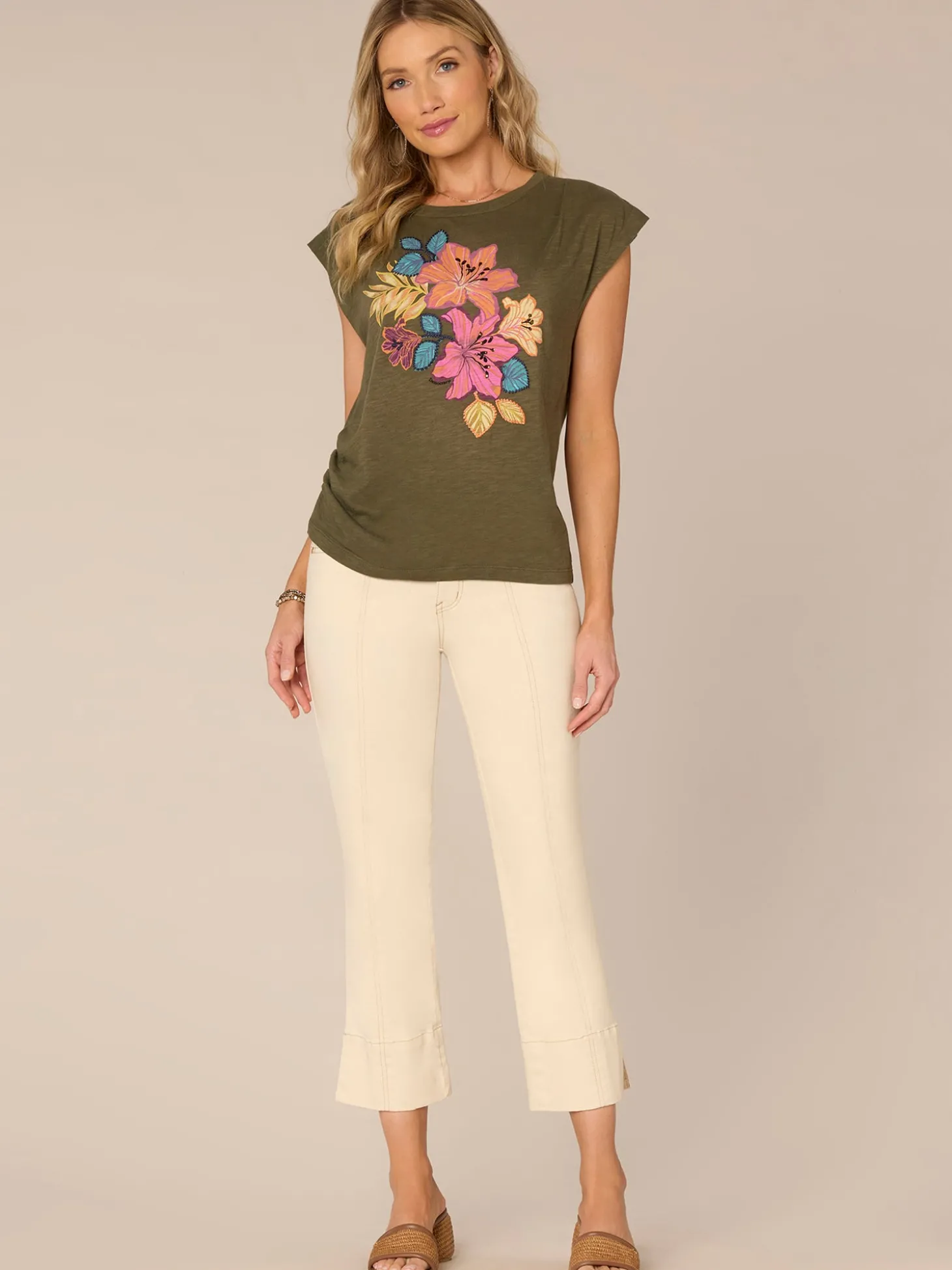 Origami Sleeve Scoop Neck Floral Screen Print Knit Top with Ruching