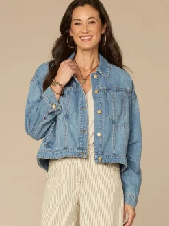 Oversized Barrel Sleeve Welt Pocket Hi-Low Hem Petite Denim Jacket