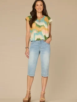 Pleated Cap Sleeve Scoop Neck Bubble Hem Placement Print Knit Top