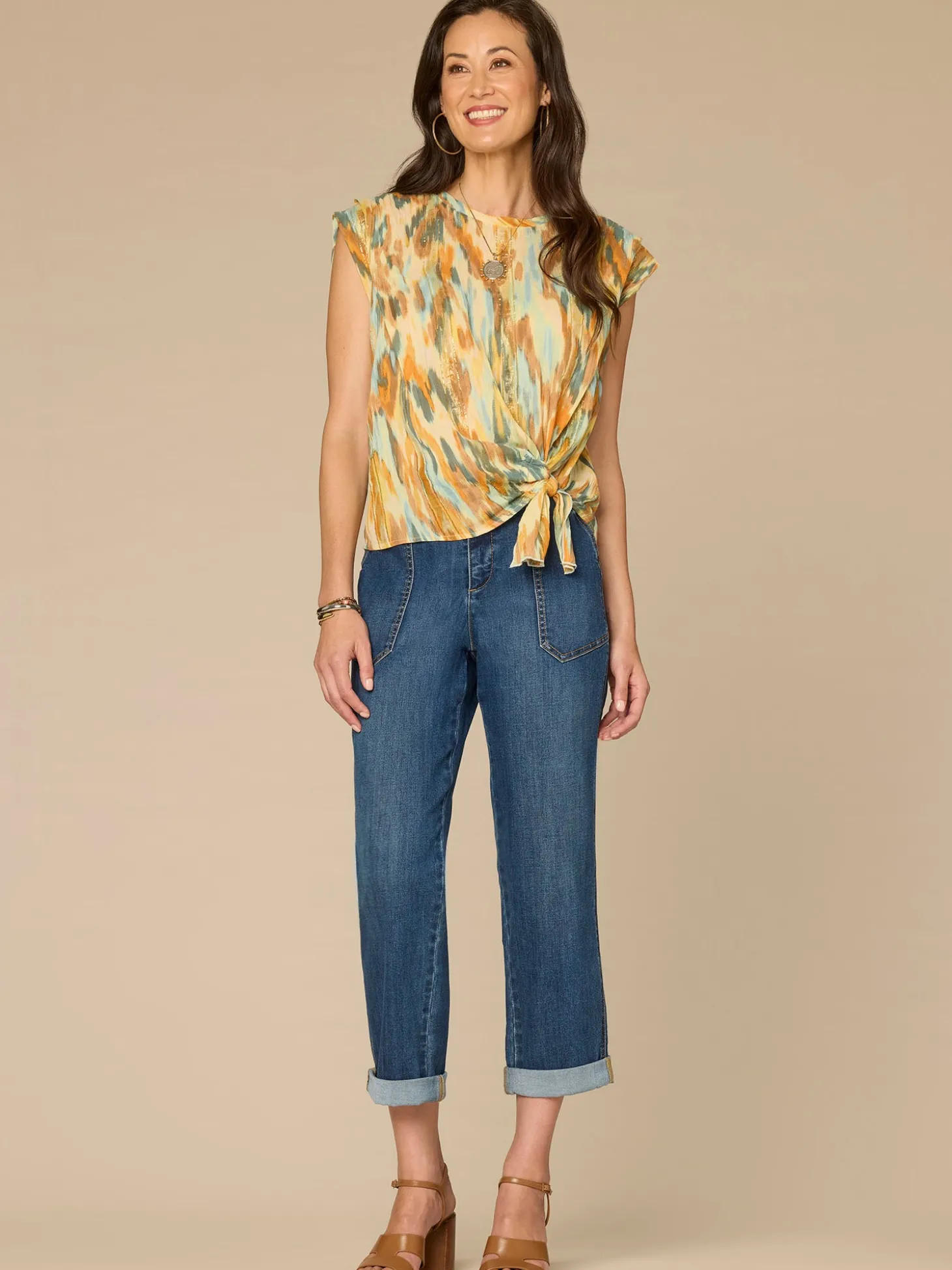 Pleated Shoulder Sleeve Scoop Neck Adjustable Knot Hem Woven Top