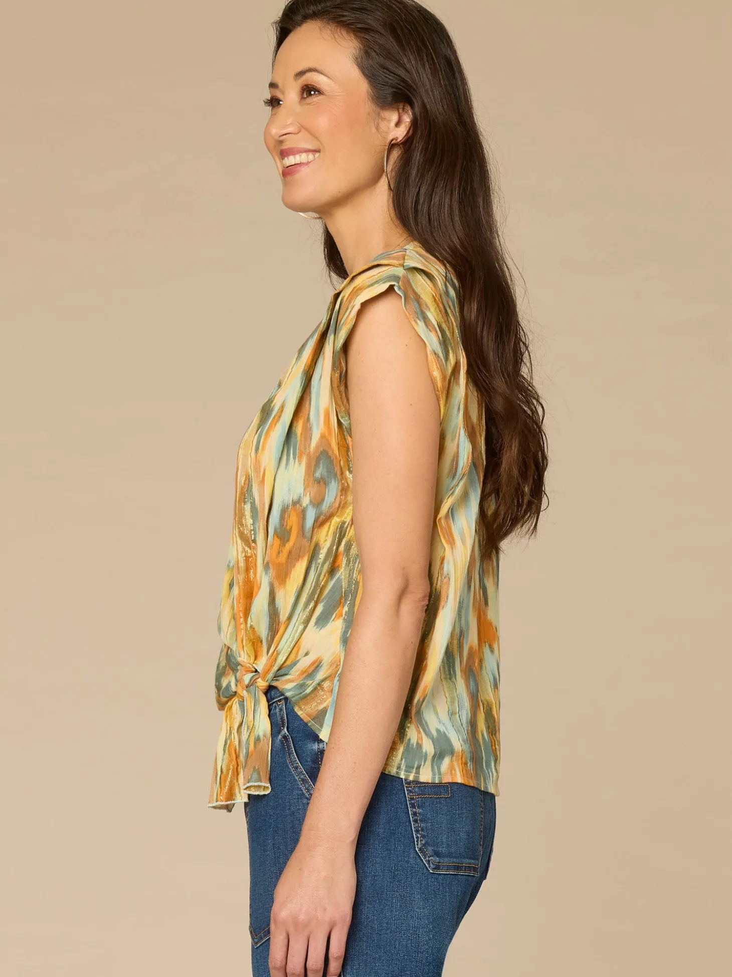 Pleated Shoulder Sleeve Scoop Neck Adjustable Knot Hem Woven Top