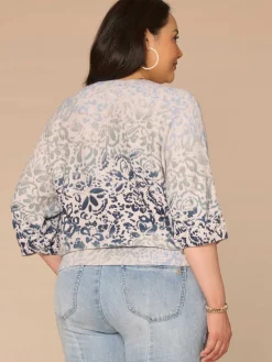 Pleated Sleeve Round Neck Banded Hem Printed Plus Size Sweater