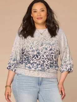 Pleated Sleeve Round Neck Banded Hem Printed Plus Size Sweater