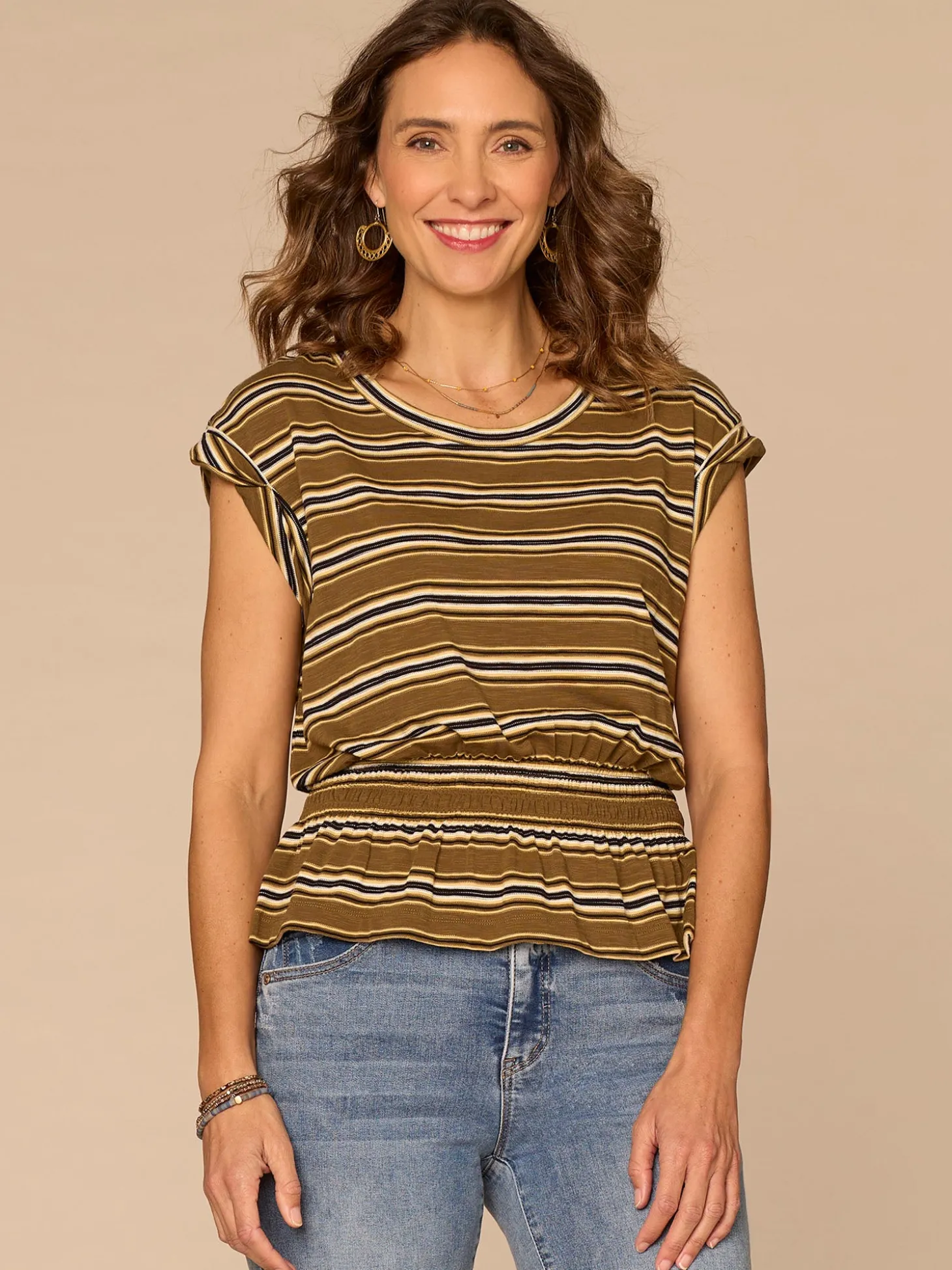 Roll Cuff Cap Sleeve Scoop Neck Peplum Striped Knit Top
