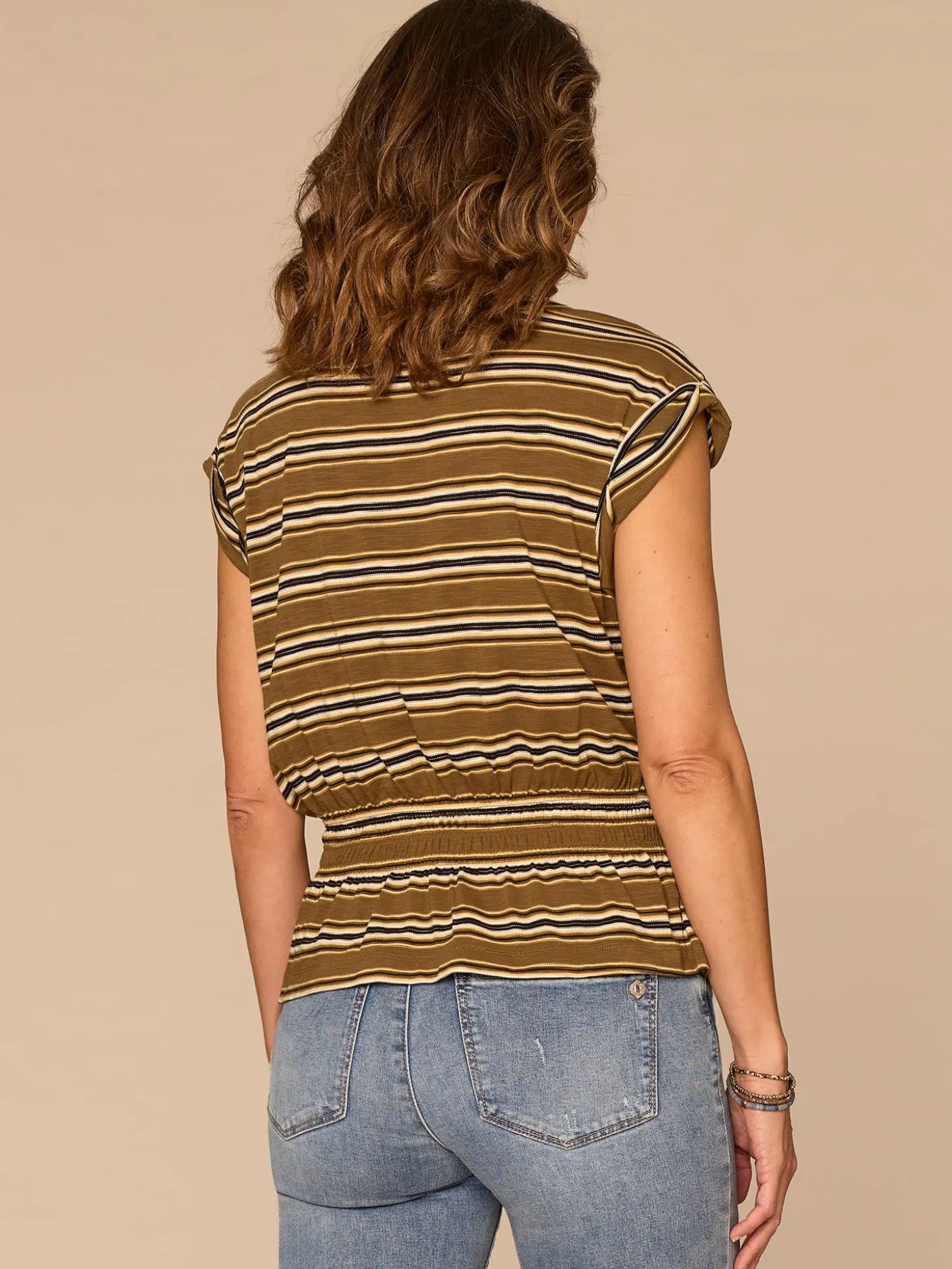 Roll Cuff Cap Sleeve Scoop Neck Peplum Striped Knit Top