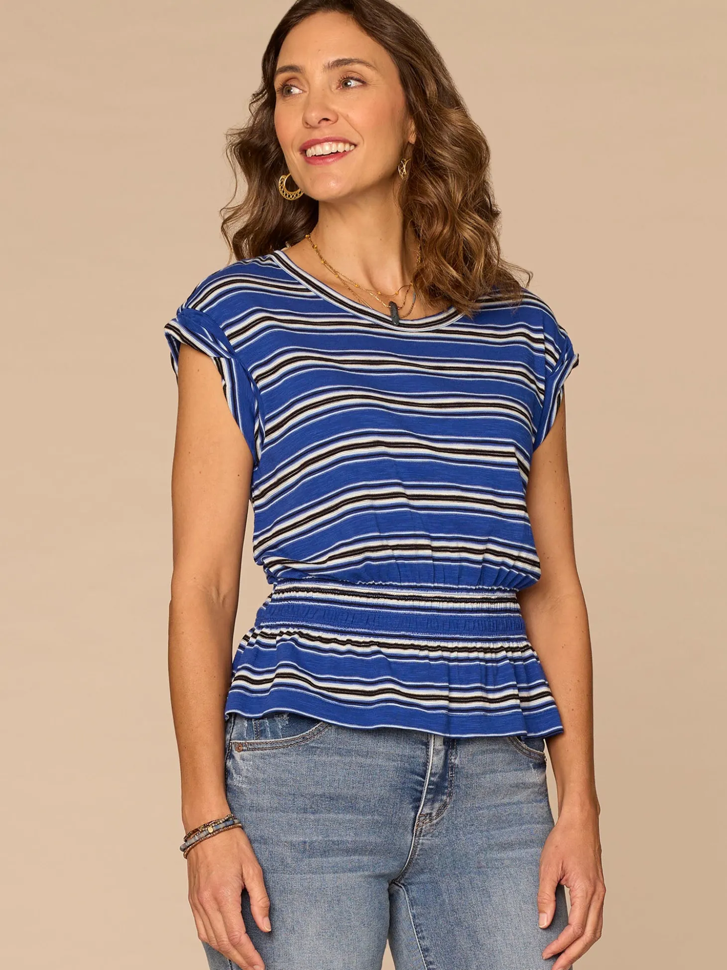 Roll Cuff Cap Sleeve Scoop Neck Peplum Striped Knit Top