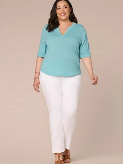 Roll Cuff Sleeve Round Split V-Neck Surplus Hem Plus Size Knit Top