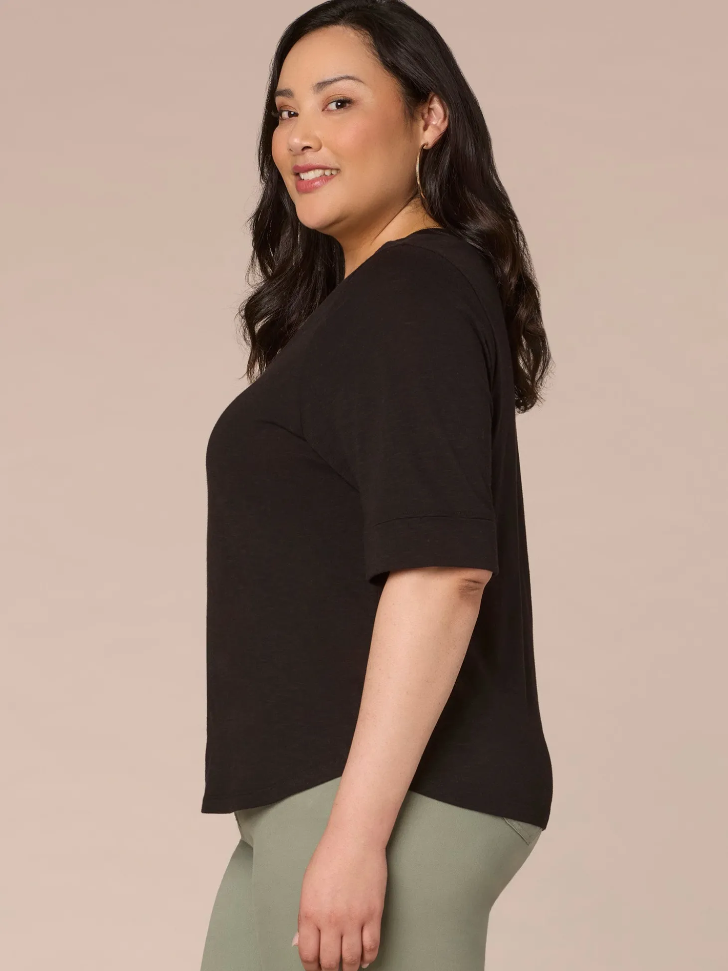 Roll Cuff Sleeve Round Split V-Neck Surplus Hem Plus Size Knit Top