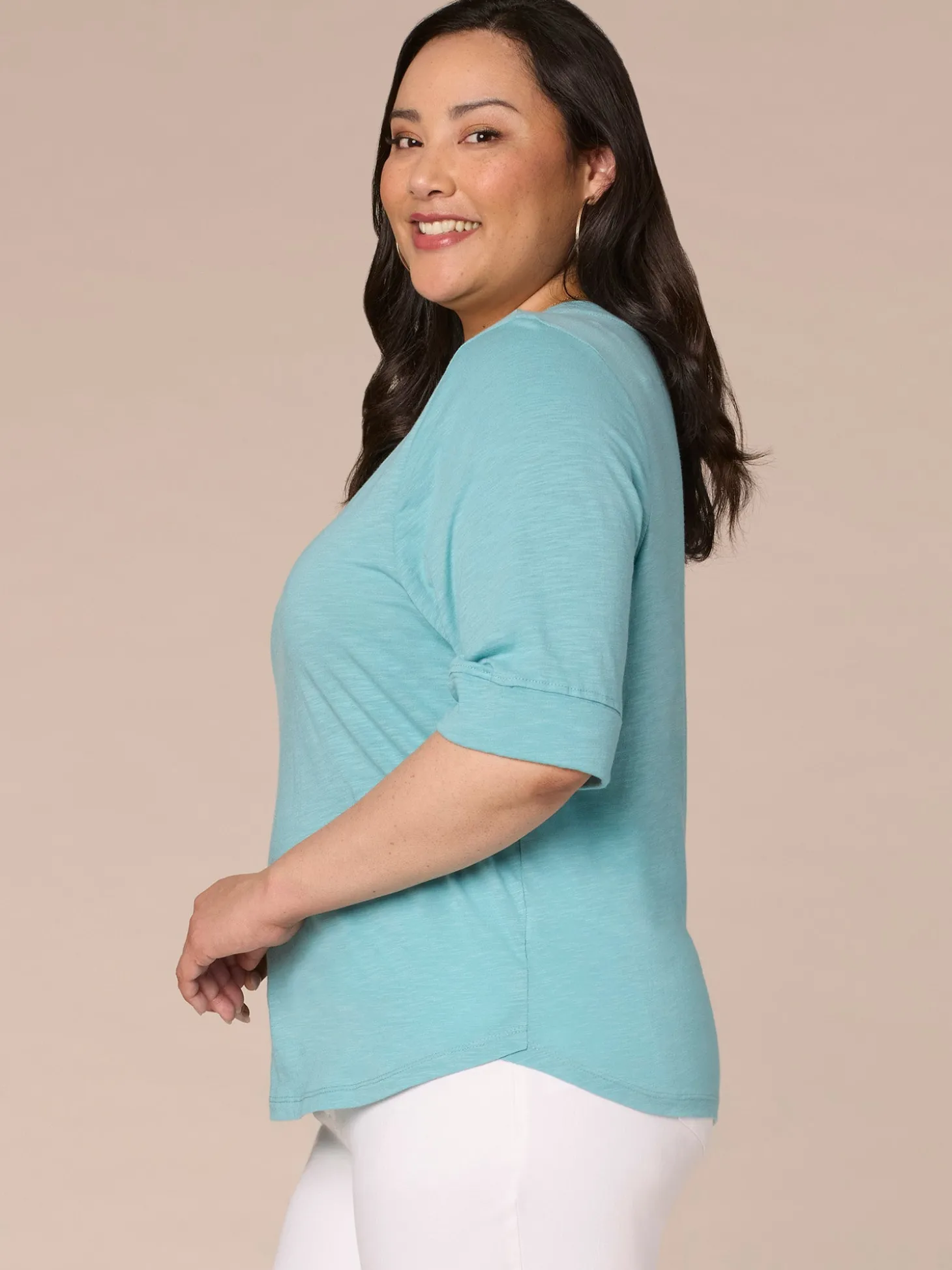 Roll Cuff Sleeve Round Split V-Neck Surplus Hem Plus Size Knit Top