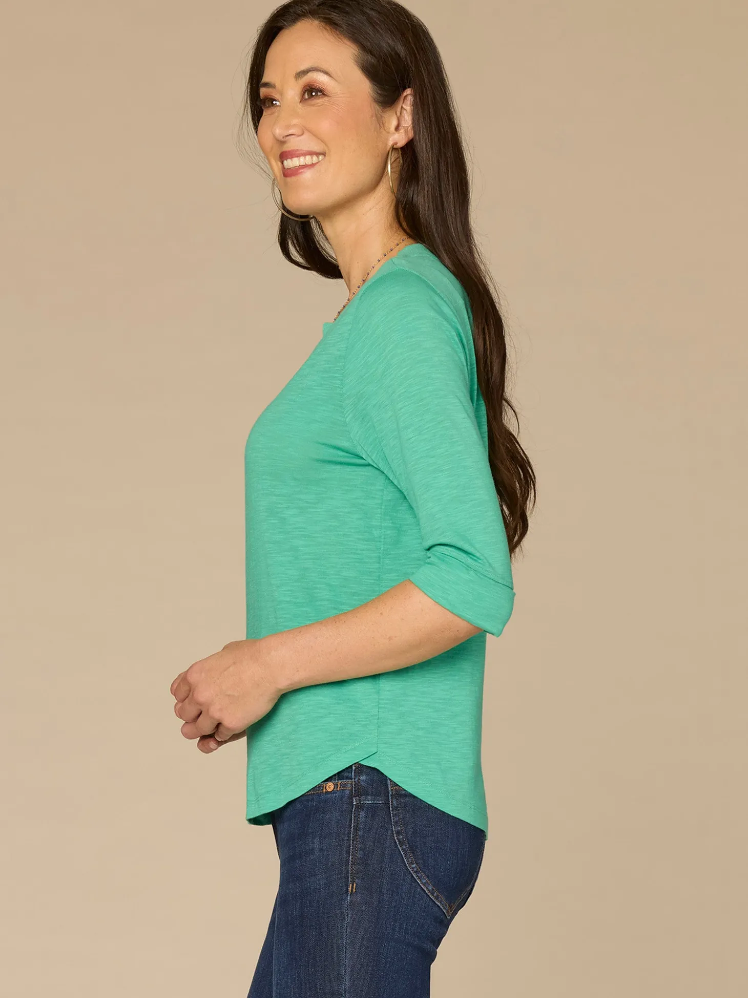 Roll Cuff Sleeve Round Split V-Neck Surplus Hem Plus Size Knit Top