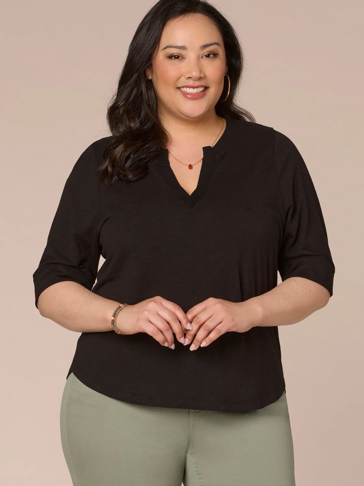 Roll Cuff Sleeve Round Split V-Neck Surplus Hem Plus Size Knit Top