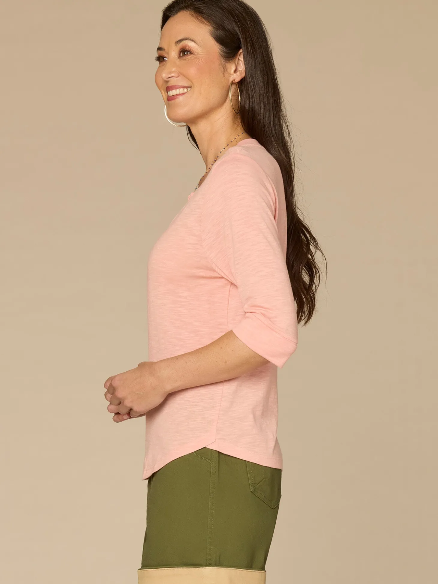 Roll Cuff Sleeve Round Split V-Neck Surplus Hem Plus Size Knit Top