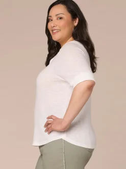 Roll Cuff Sleeve Round Split V-Neck Surplus Hem Plus Size Knit Top