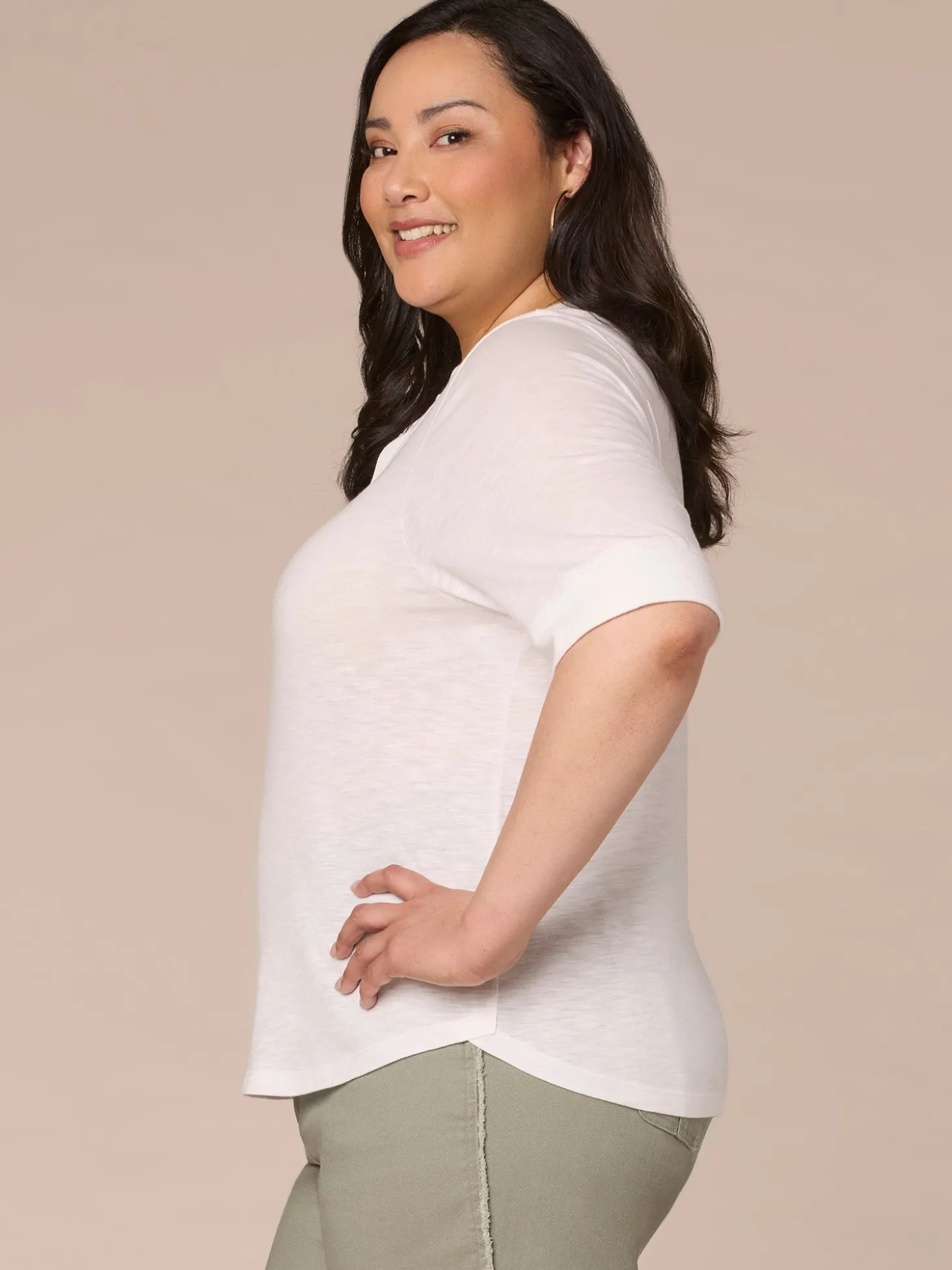 Roll Cuff Sleeve Round Split V-Neck Surplus Hem Plus Size Knit Top