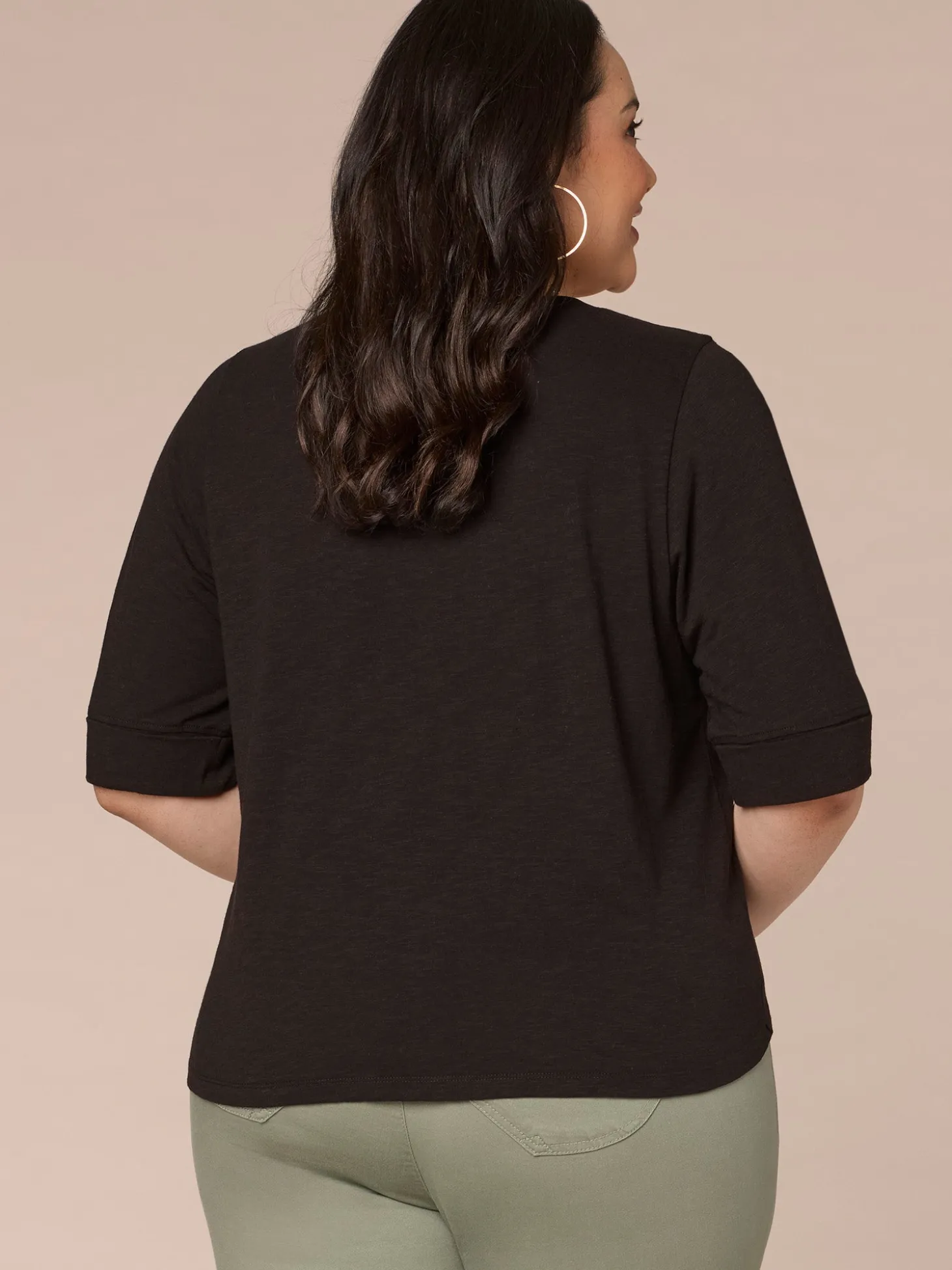 Roll Cuff Sleeve Round Split V-Neck Surplus Hem Plus Size Knit Top