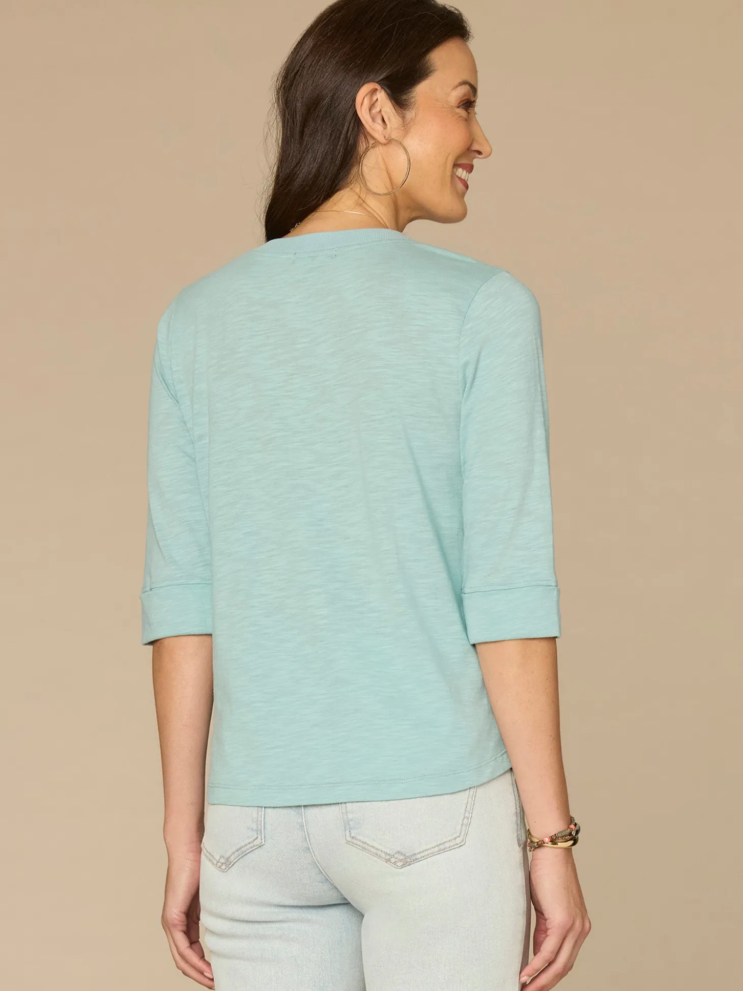 Roll Cuff Sleeve Round Split V-Neck Surplus Hem Plus Size Knit Top