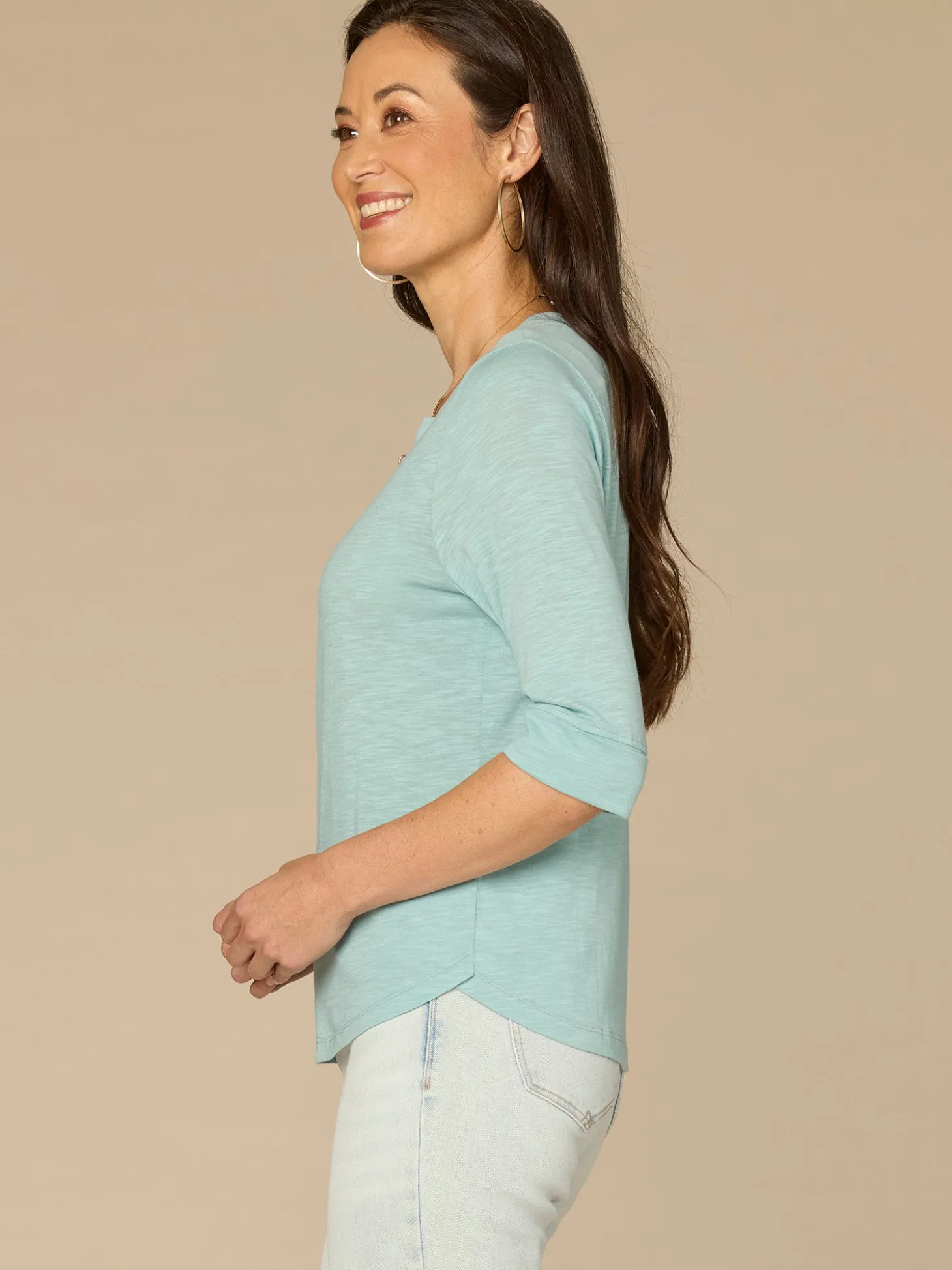 Roll Cuff Sleeve Round Split V-Neck Surplus Hem Plus Size Knit Top