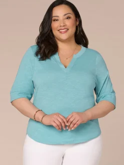 Roll Cuff Sleeve Round Split V-Neck Surplus Hem Plus Size Knit Top