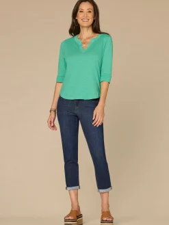 Roll Cuff Sleeve Round Split V-Neck Surplus Hem Plus Size Knit Top
