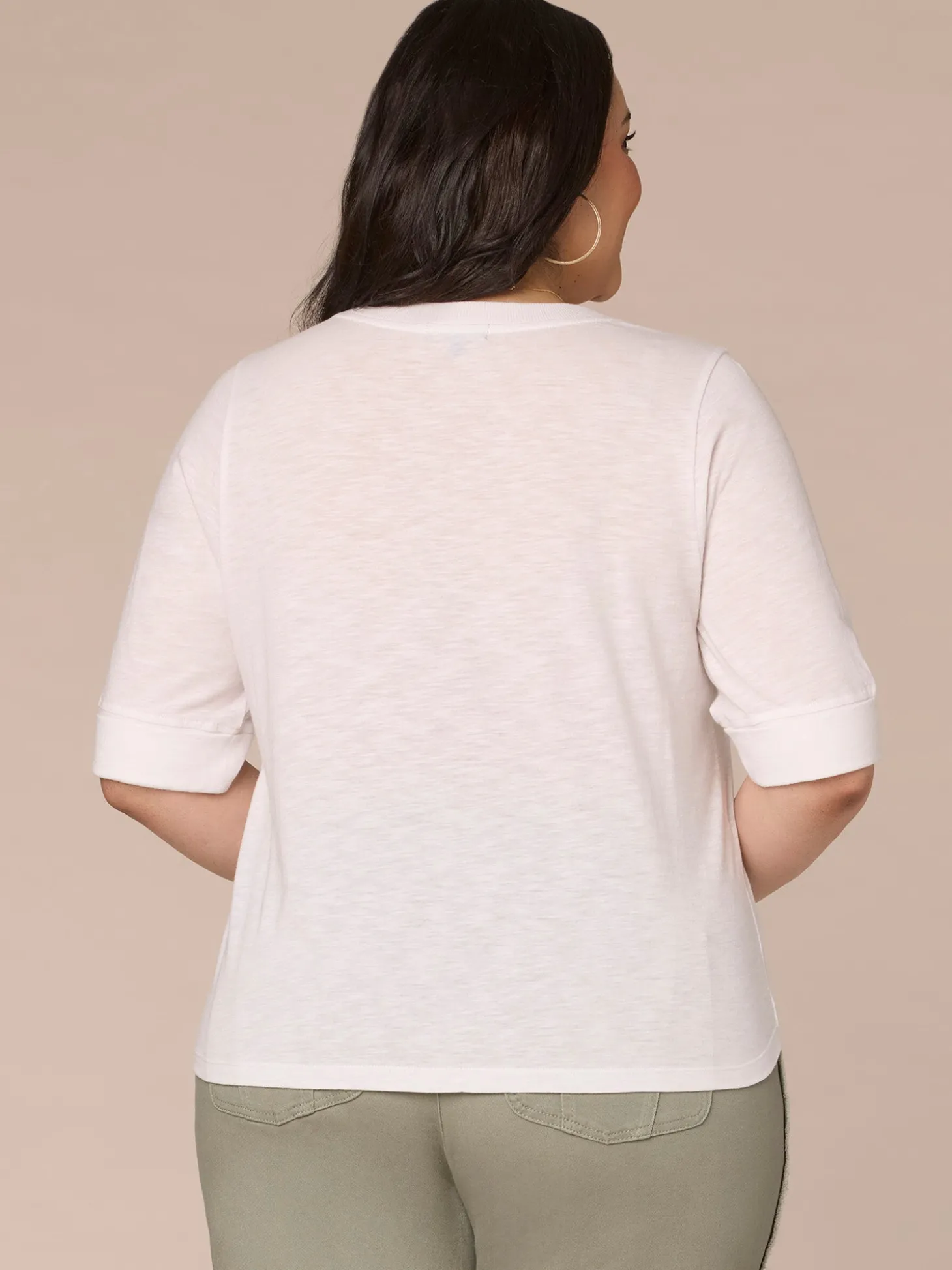 Roll Cuff Sleeve Round Split V-Neck Surplus Hem Plus Size Knit Top
