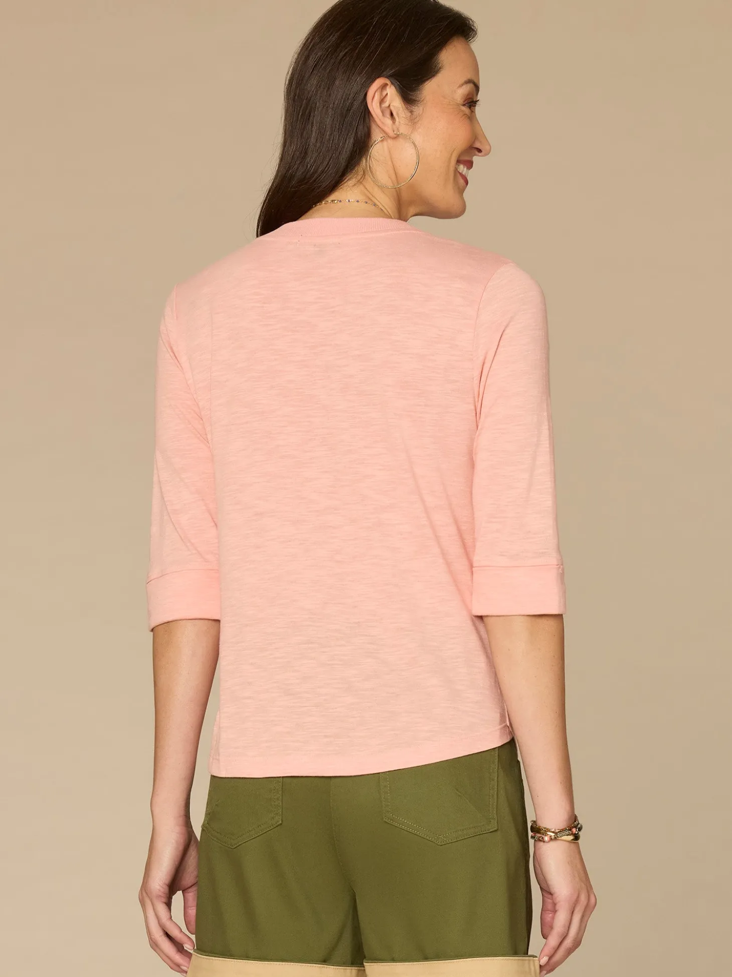 Roll Cuff Sleeve Round Split V-Neck Surplus Hem Plus Size Knit Top