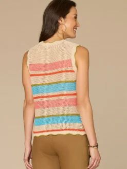 Round Neck Wavy Scallop Edge Multicolor Stripe Petite Sweater Tank Top