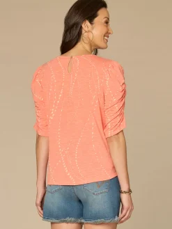 Ruched Elbow Sleeve Scoop Neck Dotted Print Keyhole Petite Knit Top