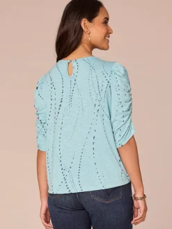Ruched Elbow Sleeve Scoop Neck Dotted Print Keyhole Petite Knit Top