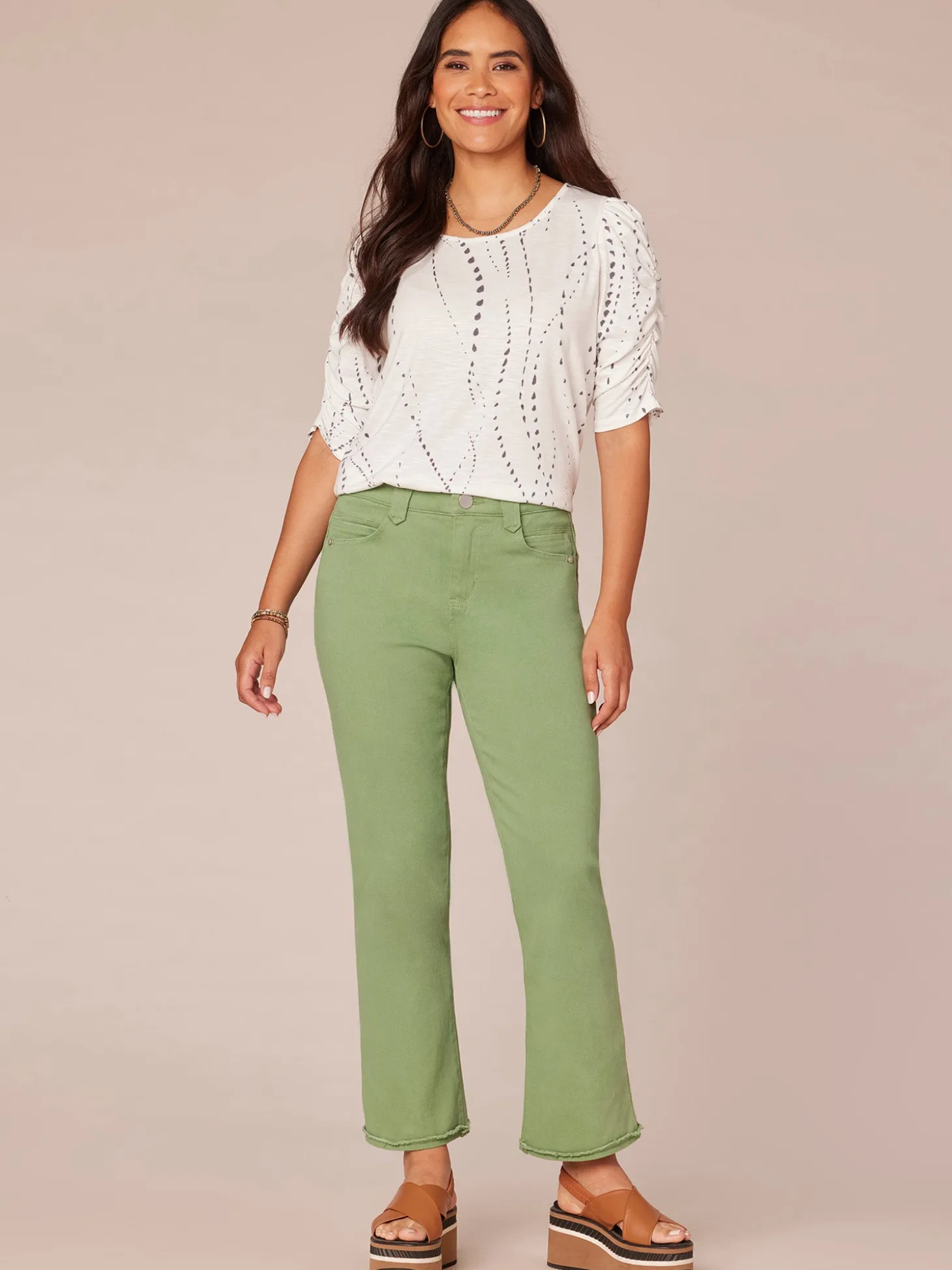 Ruched Elbow Sleeve Scoop Neck Dotted Print Keyhole Petite Knit Top
