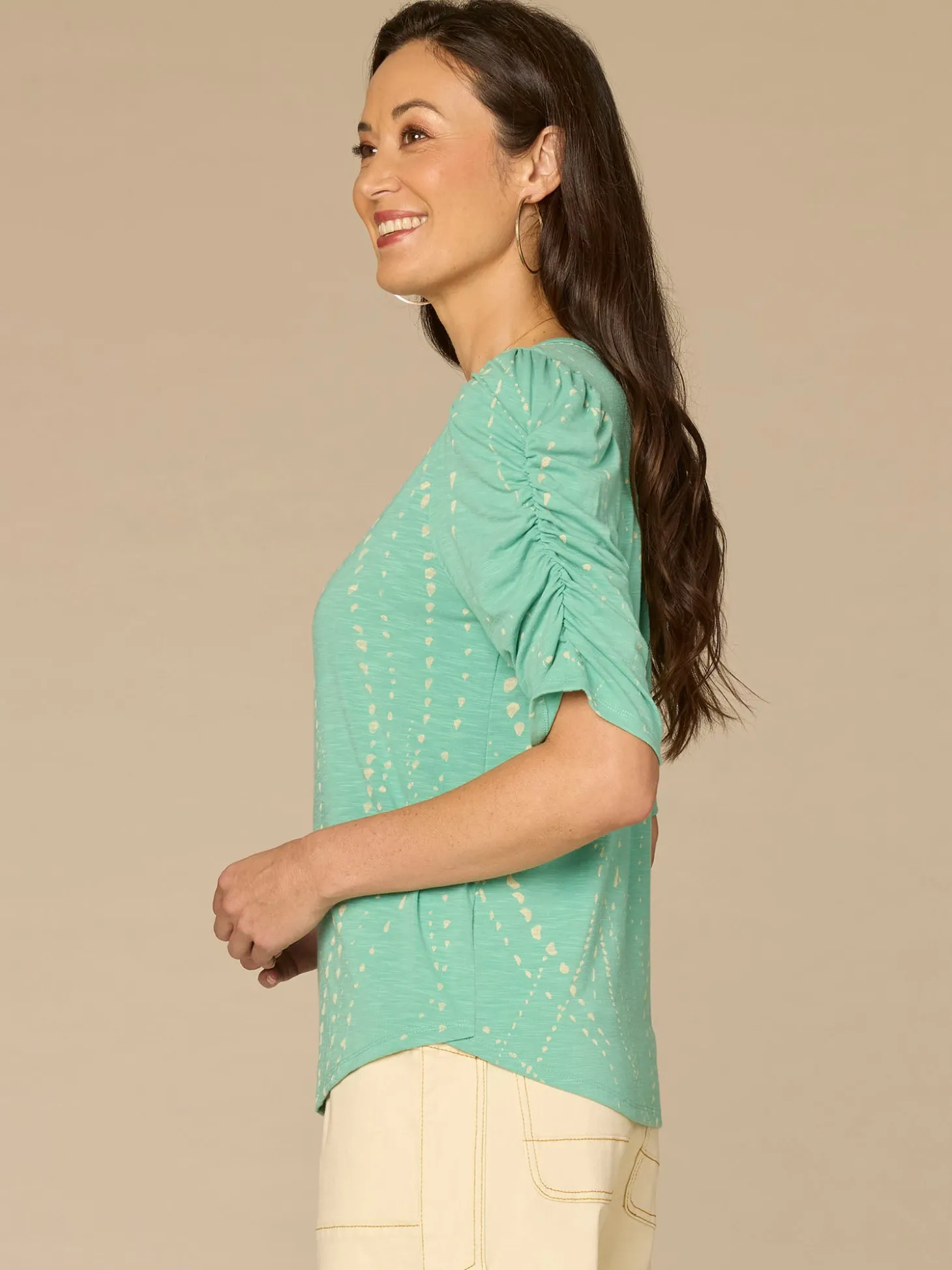 Ruched Elbow Sleeve Scoop Neck Dotted Print Keyhole Petite Knit Top