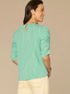 Ruched Elbow Sleeve Scoop Neck Dotted Print Keyhole Petite Knit Top