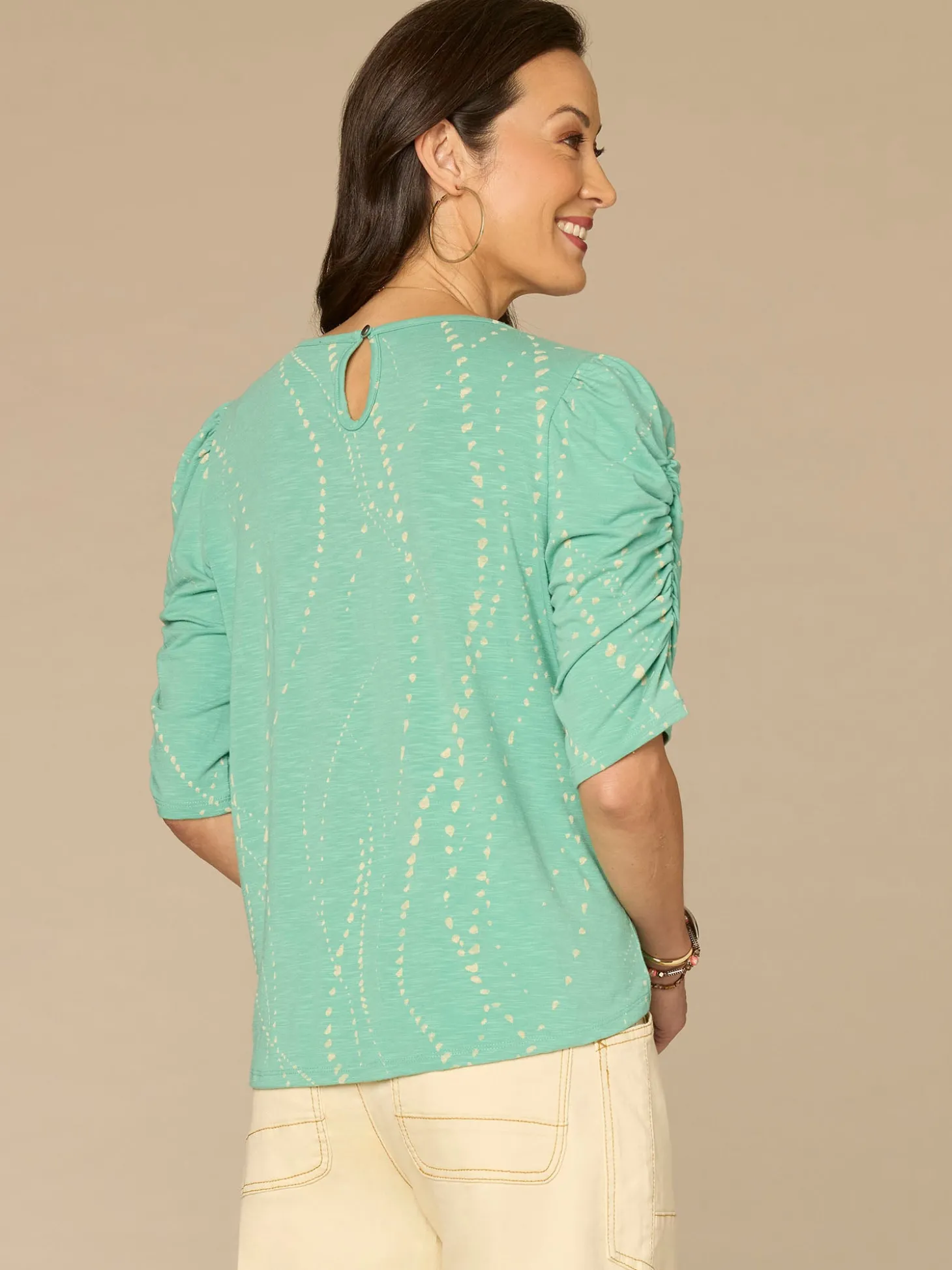 Ruched Elbow Sleeve Scoop Neck Dot Print Knit Top
