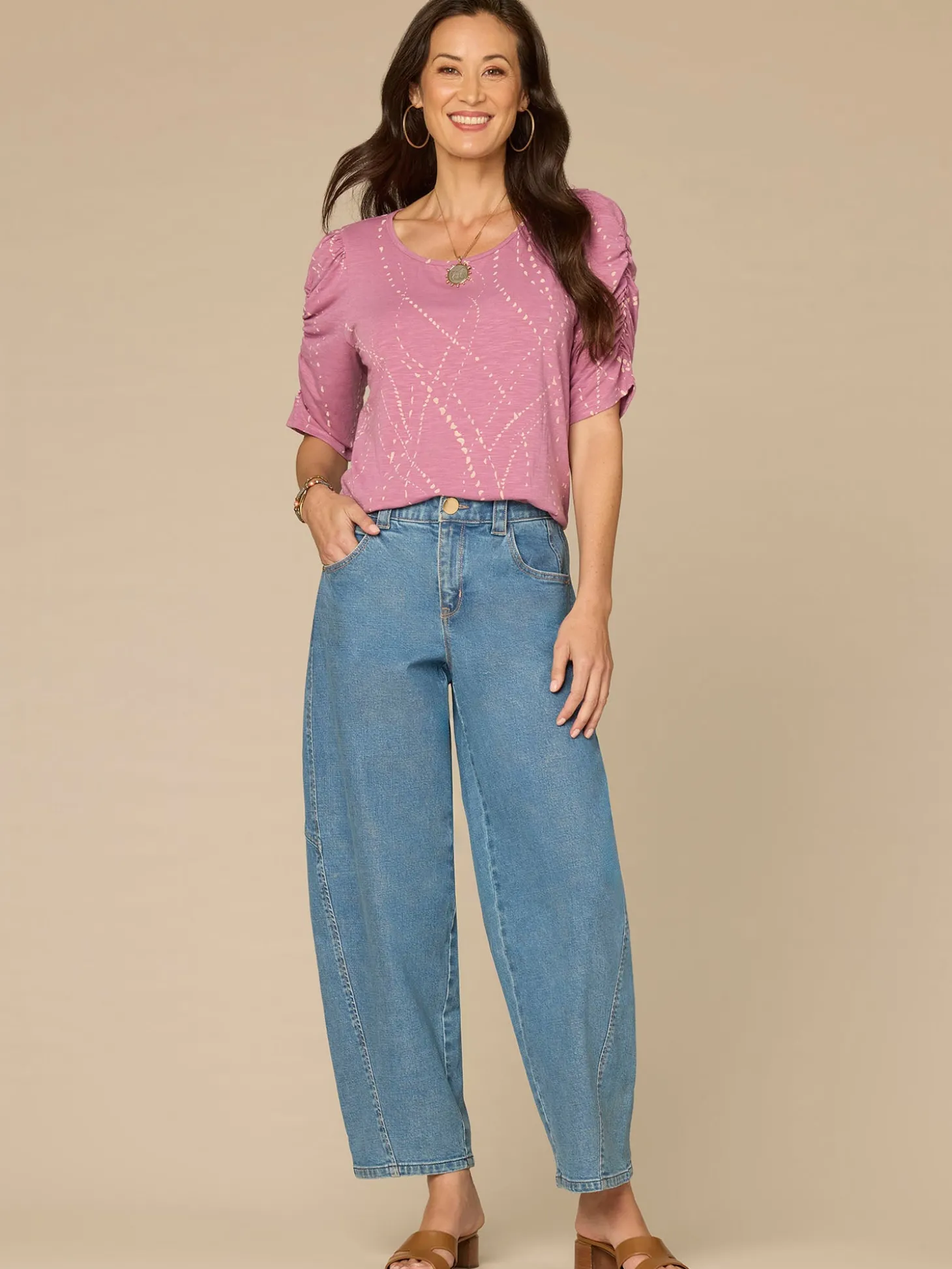 Ruched Elbow Sleeve Scoop Neck Dot Print Knit Top