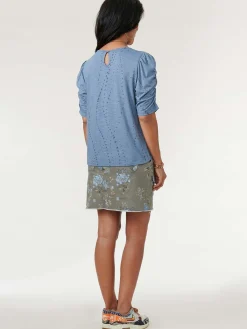 Ruched Elbow Sleeve Scoop Neck Dot Print Knit Top