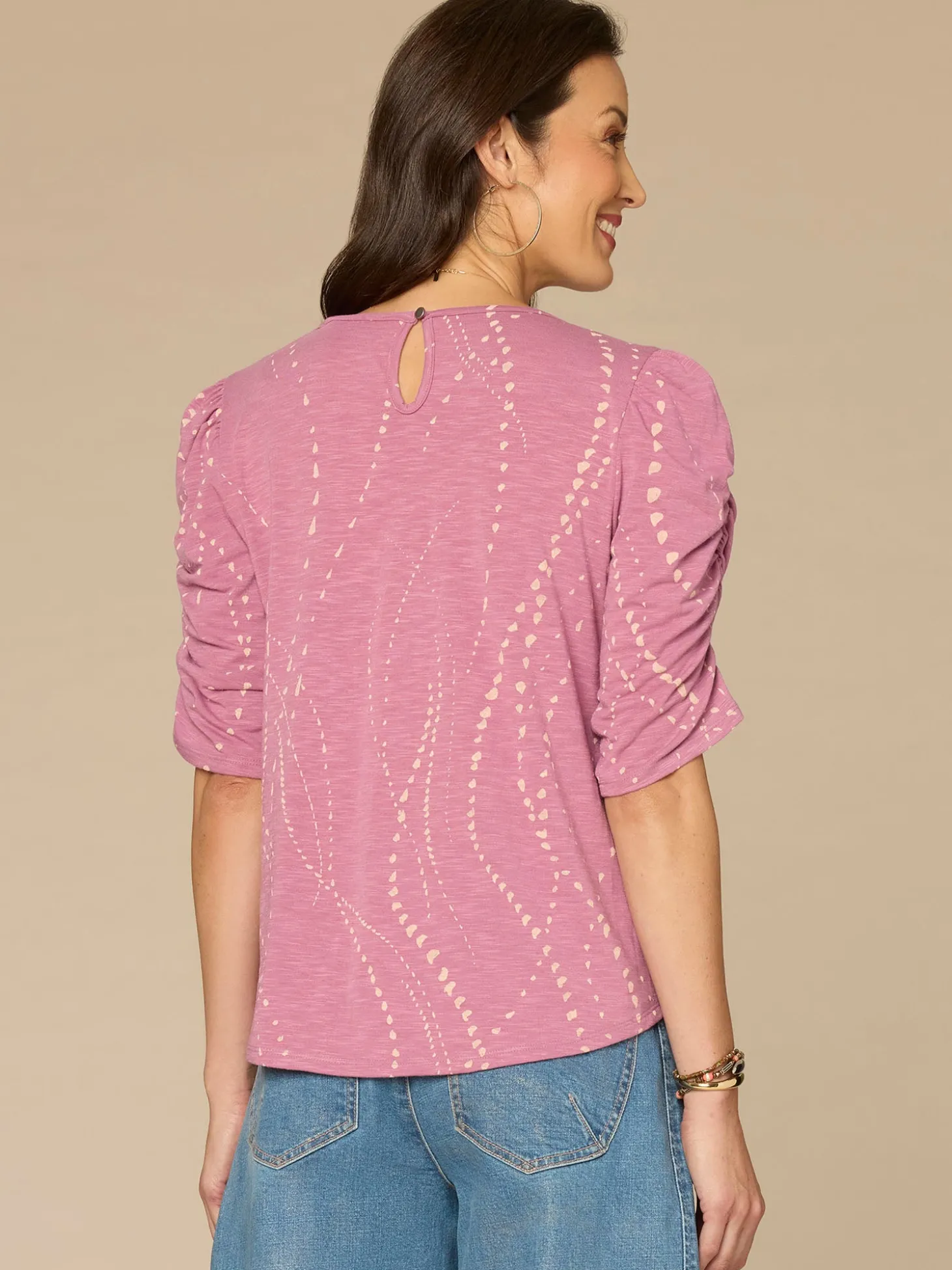 Ruched Elbow Sleeve Scoop Neck Dot Print Knit Top