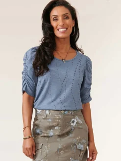 Ruched Elbow Sleeve Scoop Neck Dot Print Knit Top