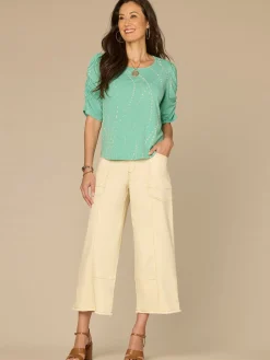 Ruched Elbow Sleeve Scoop Neck Dot Print Knit Top