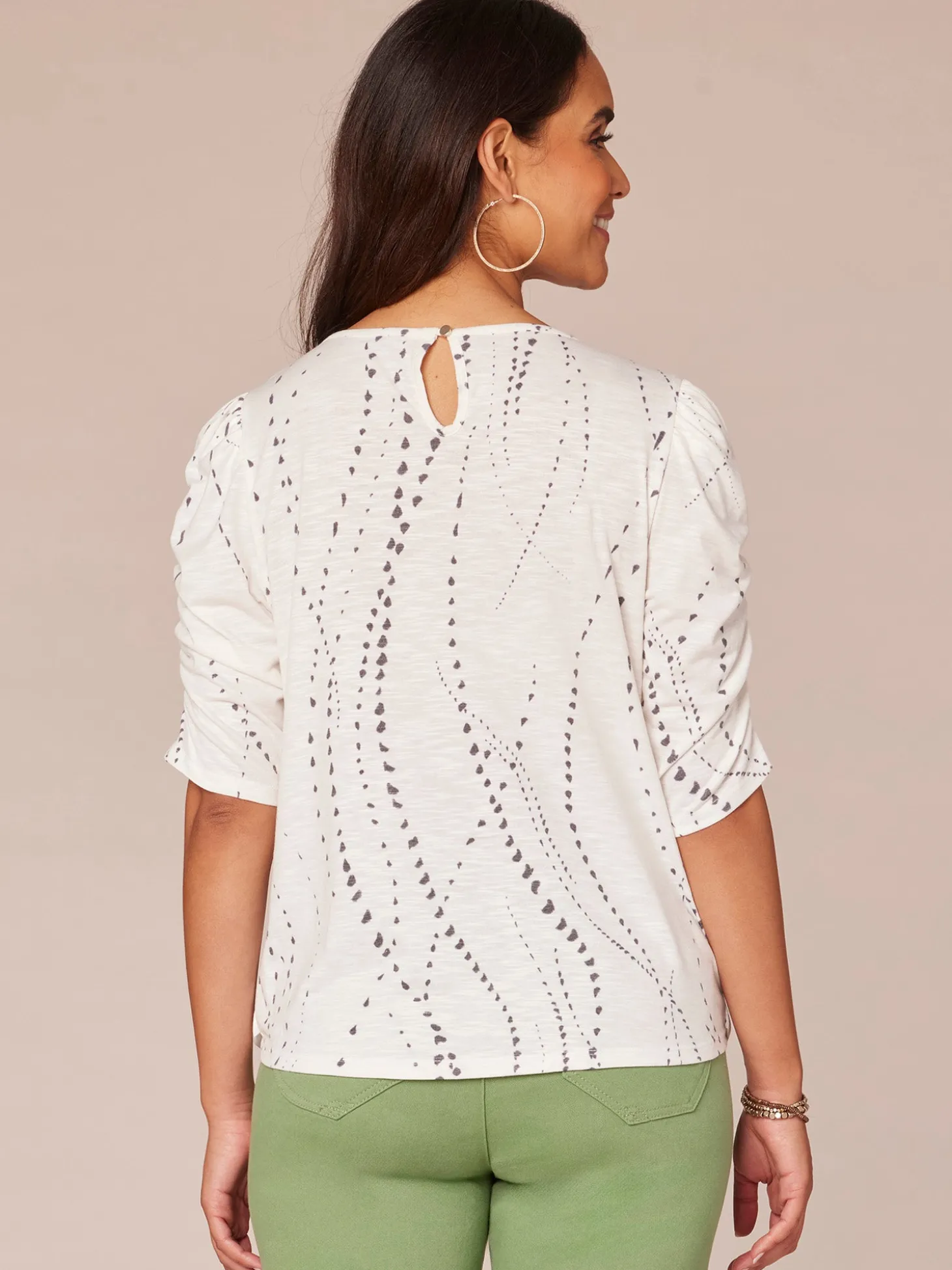 Ruched Elbow Sleeve Scoop Neck Dot Print Knit Top